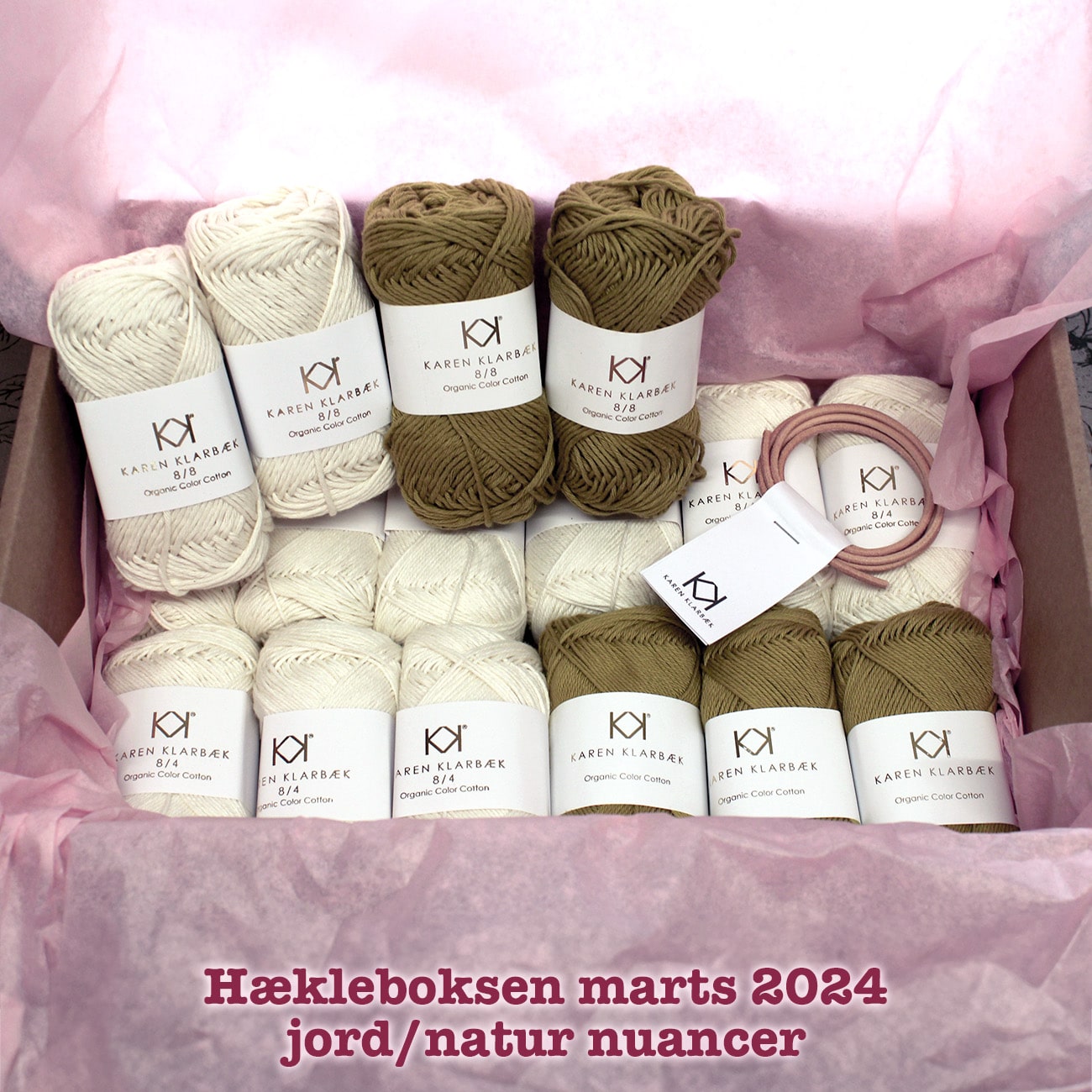 Hækleboksen standard marts 2024 jord/natur nuancer Karen Klarbæk organic cotton 8/8 og 8/4